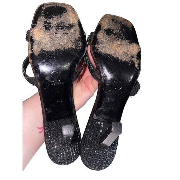 St. John Rhinestone Embellished Black Satin Heels Strappy Sandals Sz 8 AA READ - Picture 9 of 12